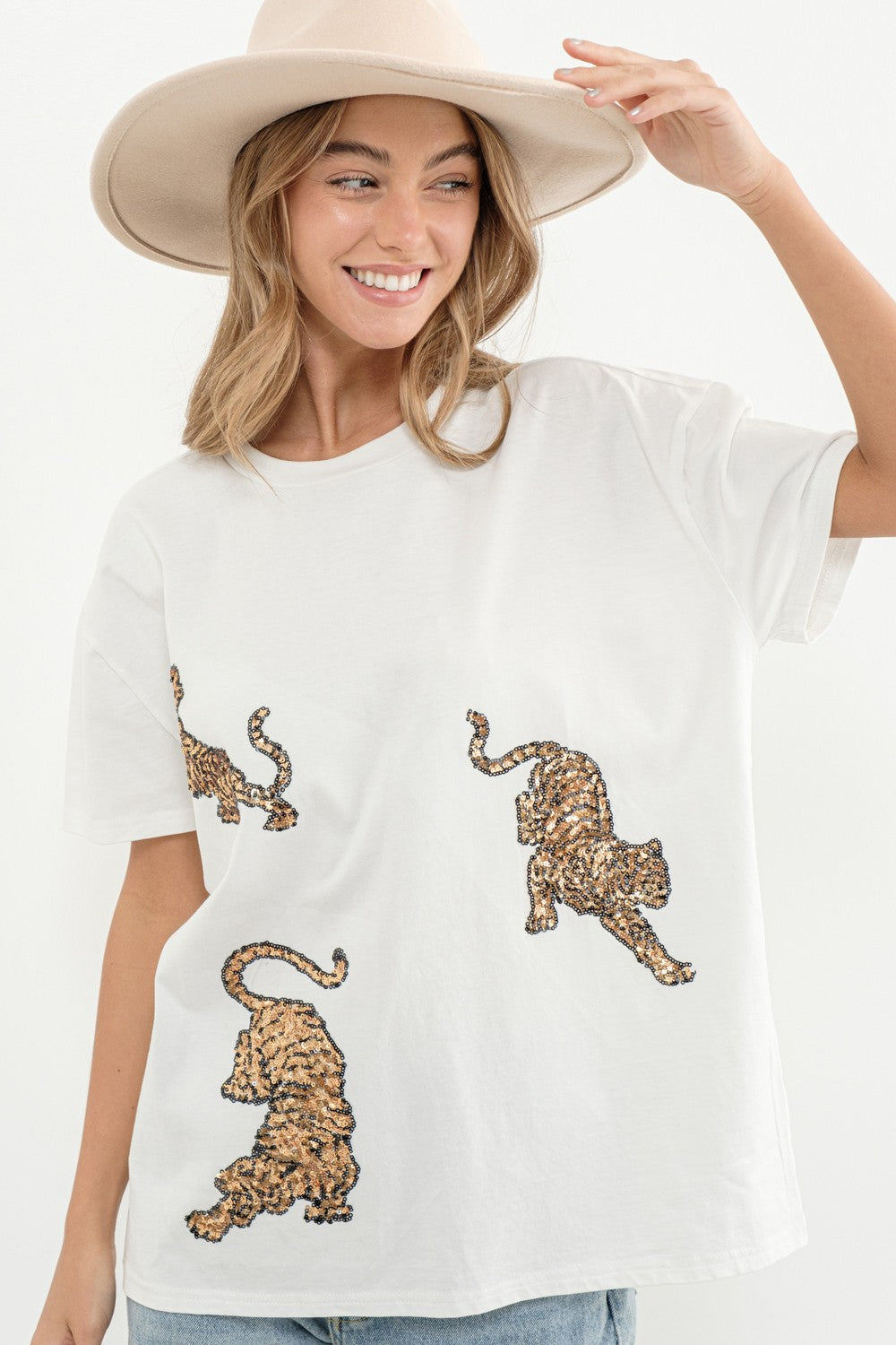 Embellished Gold Sequin Tiger  T Shirt