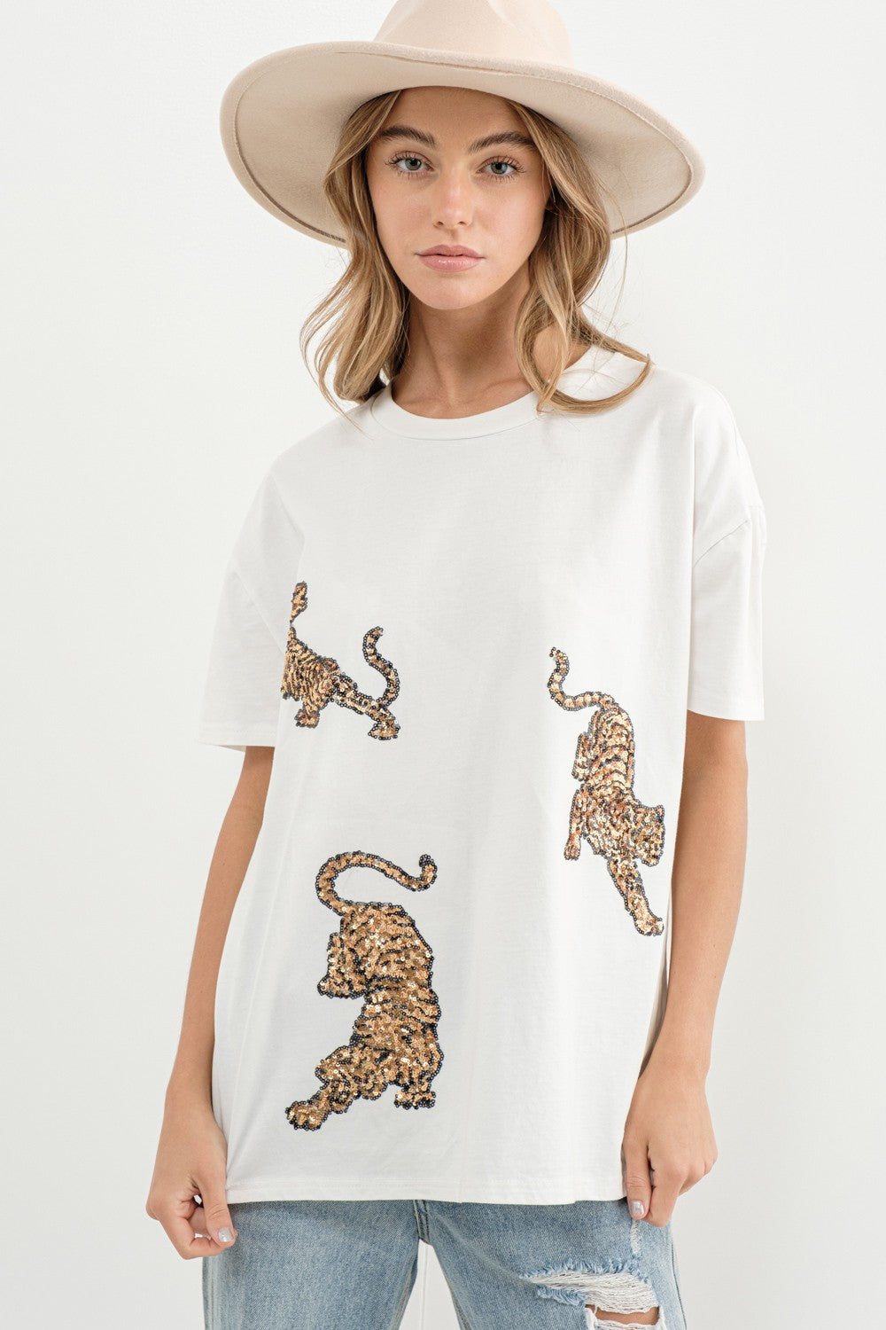 Embellished Gold Sequin Tiger  T Shirt